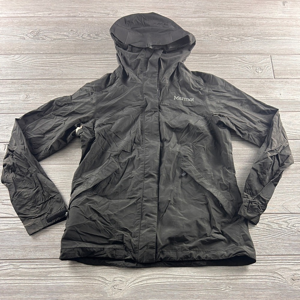 Marmot Womens Black Hooded Rain Jacket Waterproof Shell Size Medium AS IS